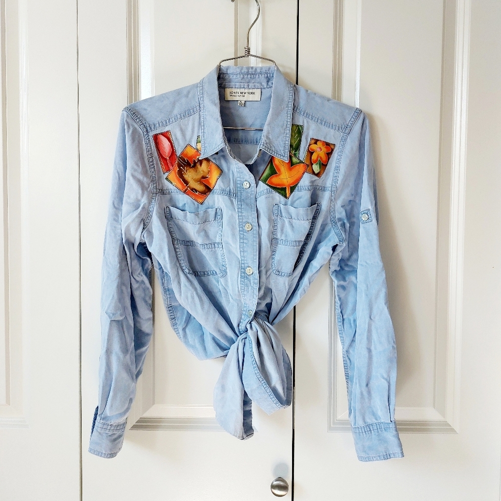 Autumn Leaf Patchwork Light Chambray Denim Shirt … - image 3